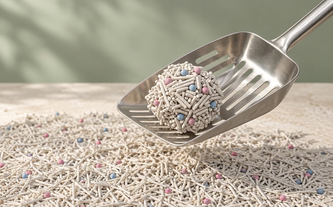 A firm NepiPaw litter clump lifted by a scoop