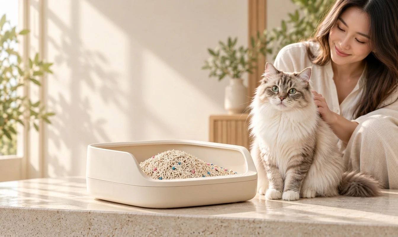 A cat parent caring for her cat beside NepiPaw tofu litter