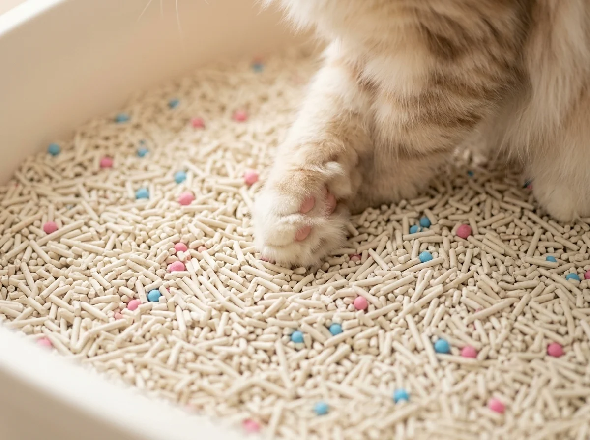 Cute fluffy cat paw comfortably stepping on NepiPaw gentle tofu litter