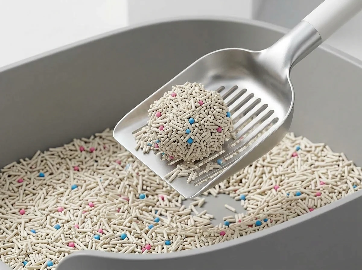 Firm solid clump of NepiPaw cat litter scooped cleanly without crumbling