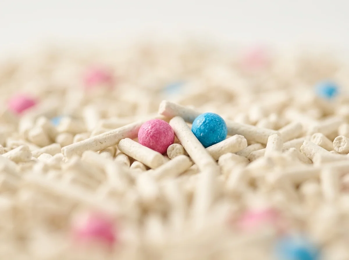 Macro view of NepiPaw natural tofu litter with pink and blue deodorizing beads
