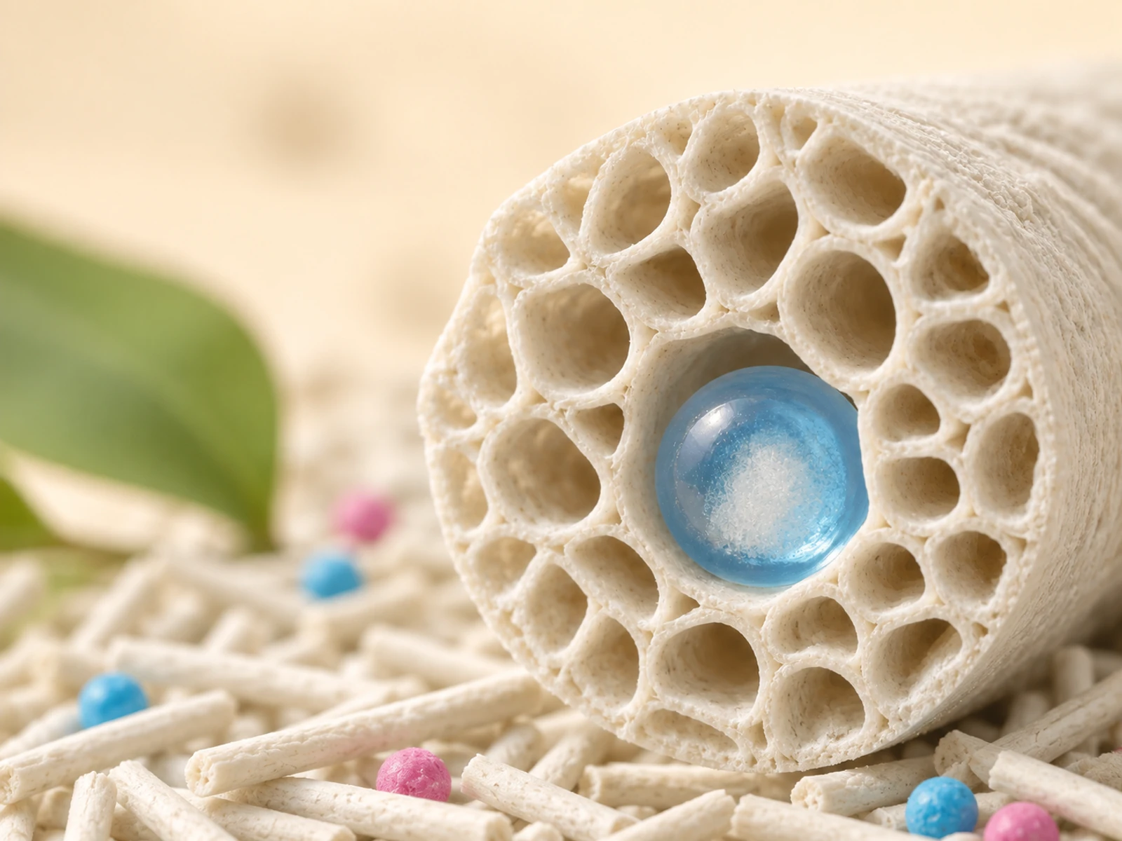 Porous plant fiber drawing moisture into its structure